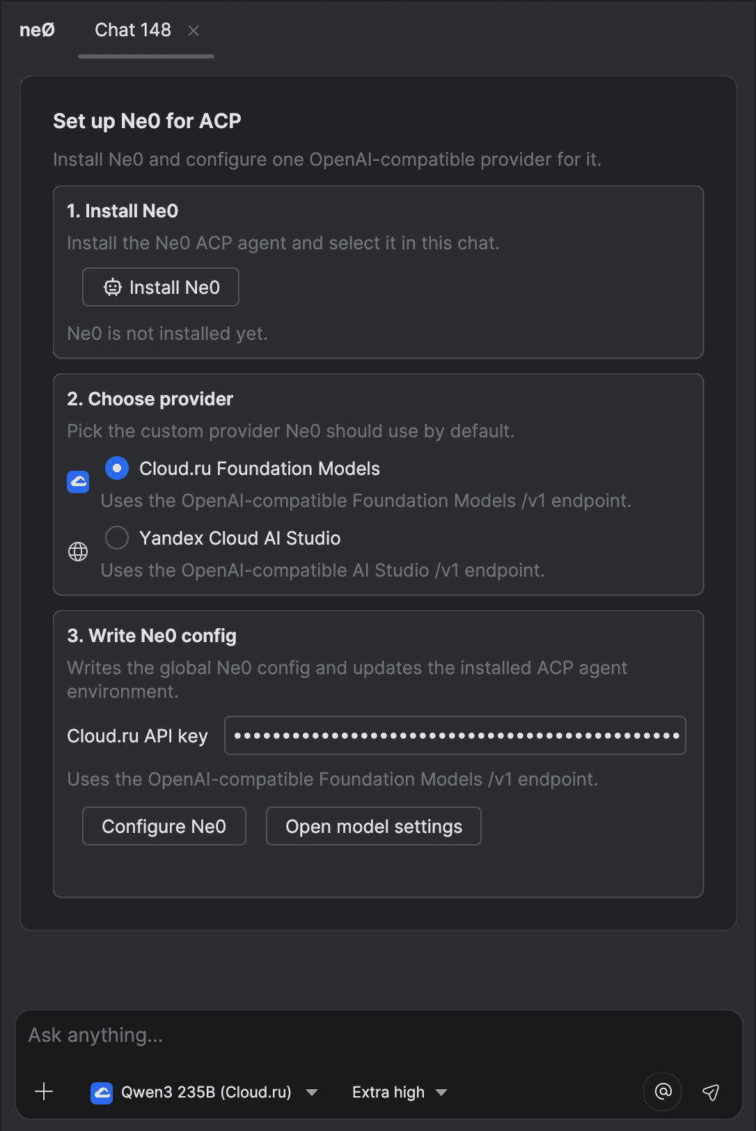 Полный экран первичной настройки ne0 в JetBrains IDE